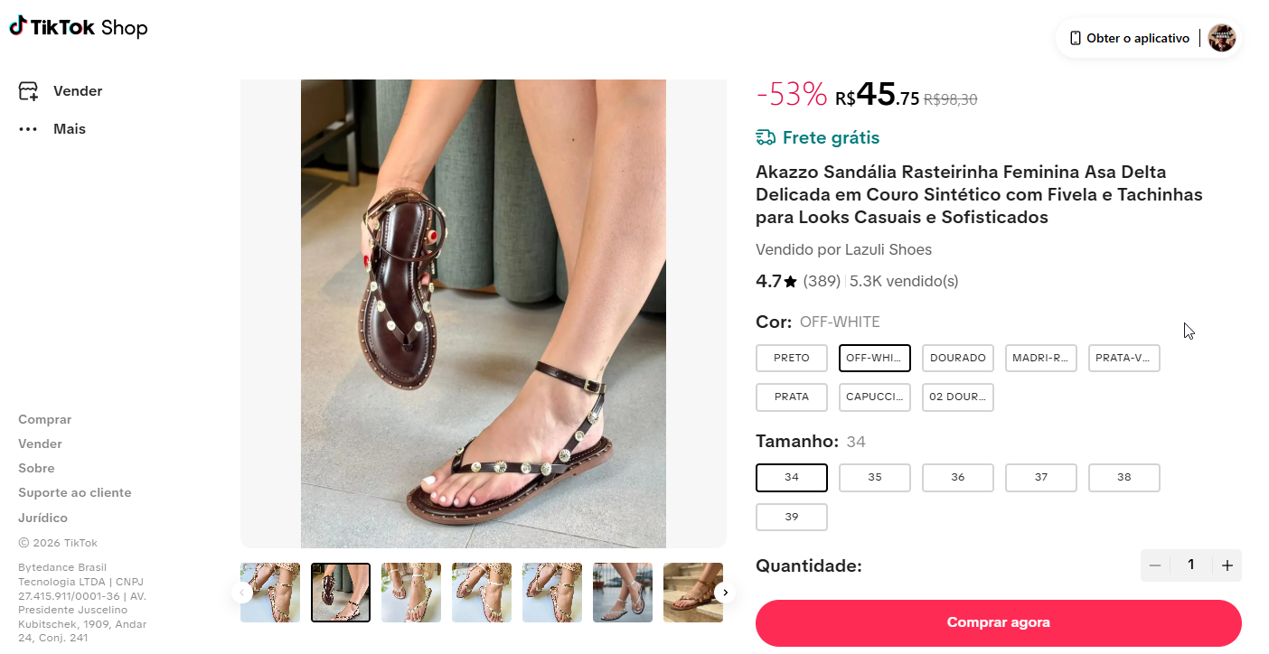 Anúncio do produto Sandália feminina no TikTok Shop