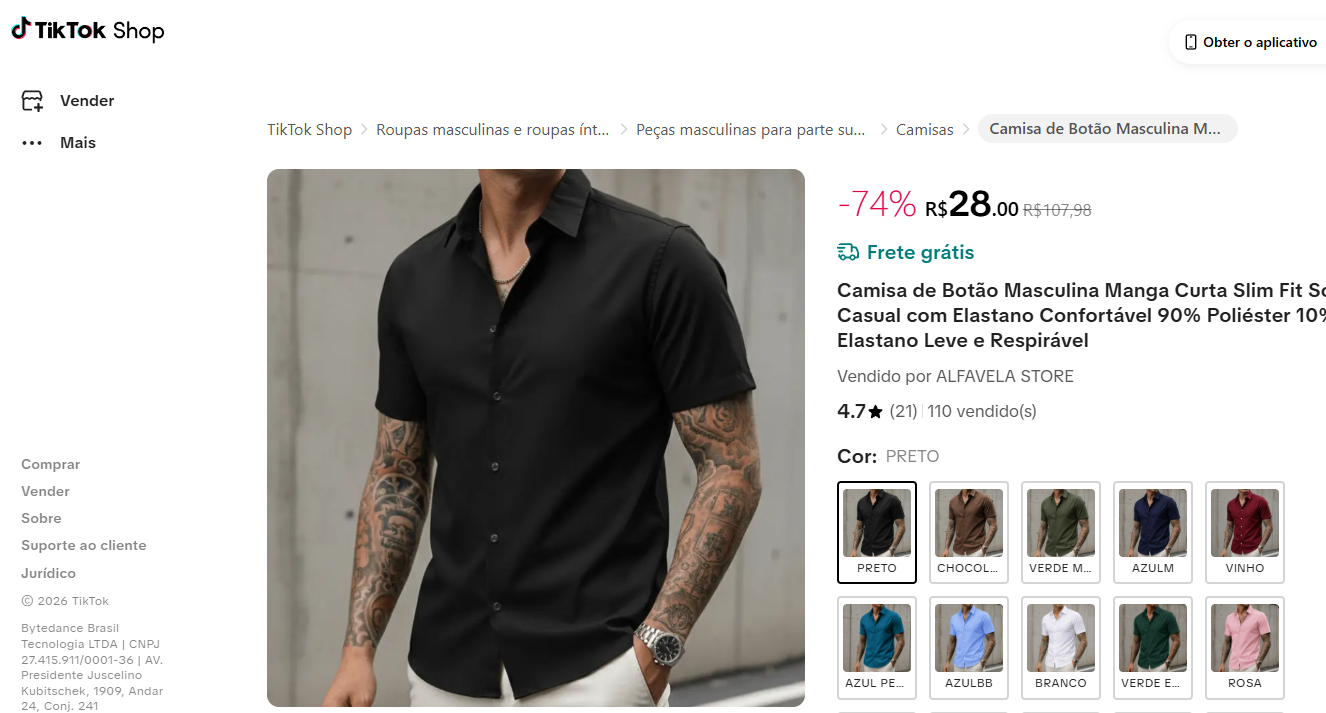 Anúncio do produto Camiseta masculina no TikTok Shop