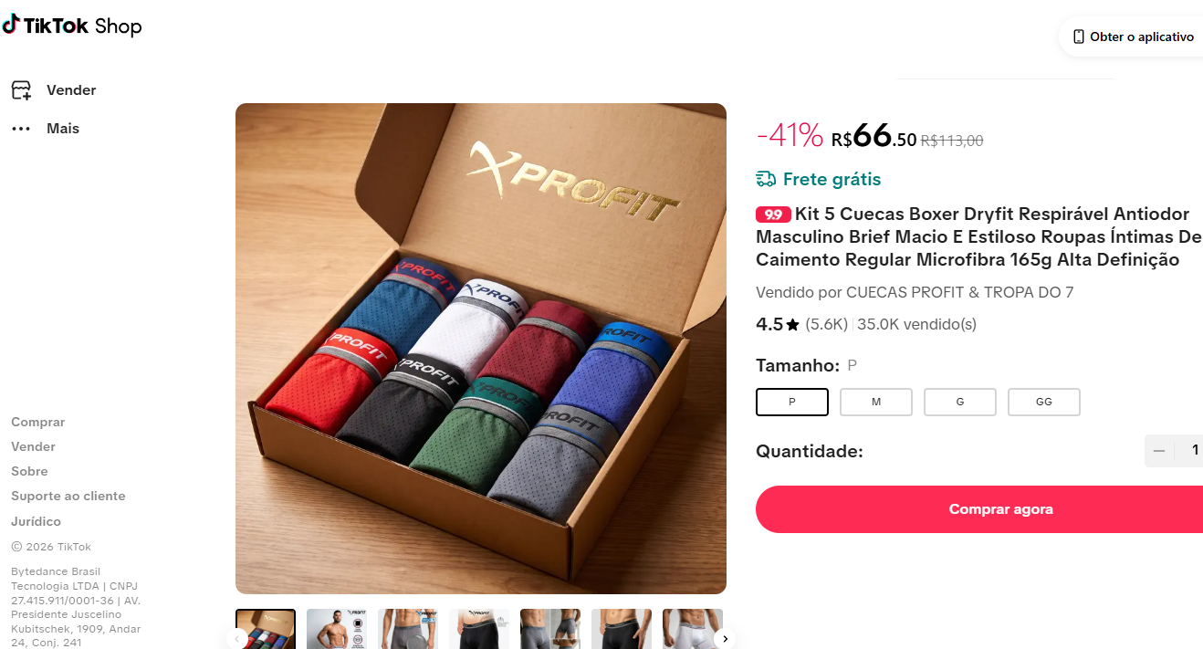 Anúncio do produto Kit de cuecas no TikTok Shop
